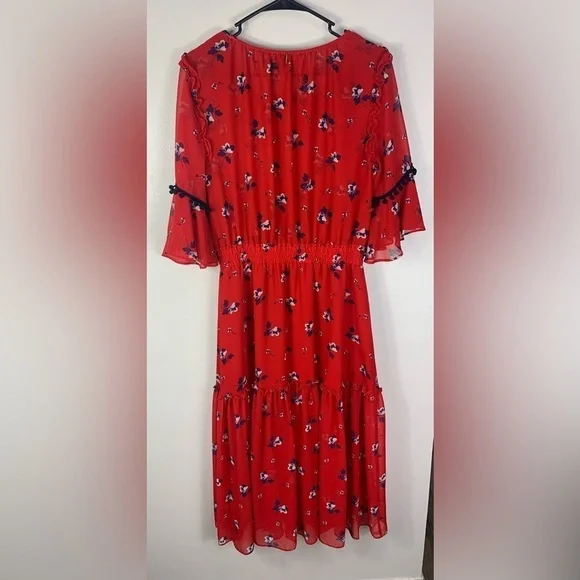 MISA‎ LOS ANGELES Raquel Red Floral Two Layer Semi Sheer Midi Dress Sz S - Picture 4 of 10